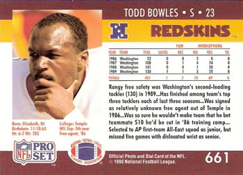1990 Pro Set #661 Todd Bowles Back