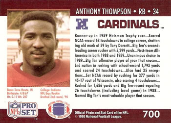 1990 Pro Set #700 Anthony Thompson Back