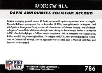 1990 Pro Set #786 Raiders Stay in L.A. Back