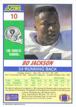 1990 Score #10 Bo Jackson Back