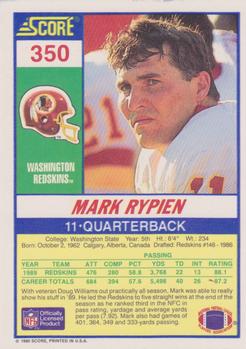 1990 Score #350 Mark Rypien Back