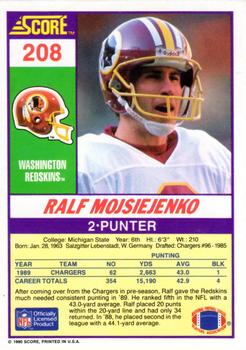 1990 Score #208 Ralf Mojsiejenko Back