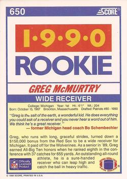 1990 Score #650 Greg McMurtry Back
