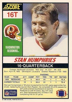 1990 Score Rookie & Traded #16T Stan Humphries Back