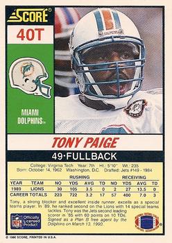 1990 Score Rookie & Traded #40T Tony Paige Back