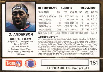 1991 Action Packed #181 Ottis Anderson Back