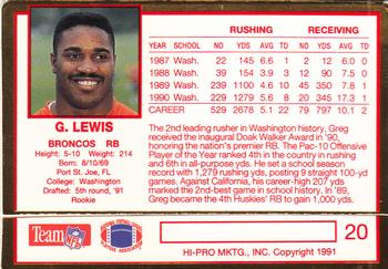 1991 Action Packed Rookie/Update #20 Greg Lewis Back