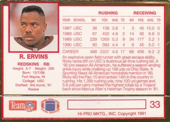 1991 Action Packed Rookie/Update #33 Ricky Ervins Back