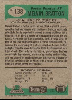 1991 Bowman #138 Melvin Bratton Back