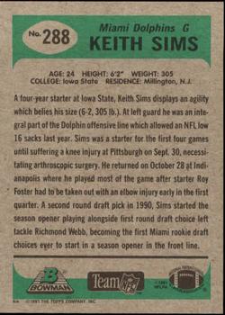 1991 Bowman #288 Keith Sims Back