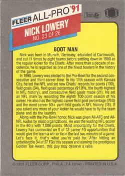 1991 Fleer - All-Pro '91 #23 Nick Lowery Back