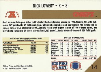 1991 Pro Set #14 Nick Lowery Back