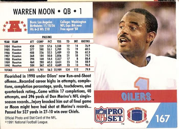 1991 Pro Set #167 Warren Moon Back
