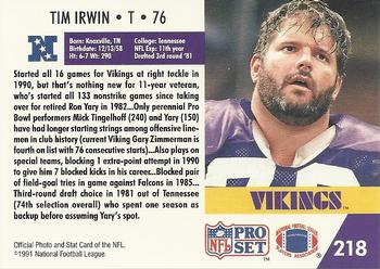 1991 Pro Set #218 Tim Irwin Back