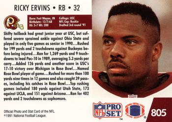 1991 Pro Set #805 Ricky Ervins Back