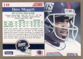 1991 Score #110 Dave Meggett Back