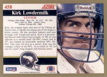 1991 Score #458 Kirk Lowdermilk Back