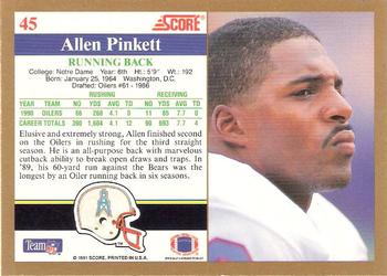 1991 Score #45 Allen Pinkett Back