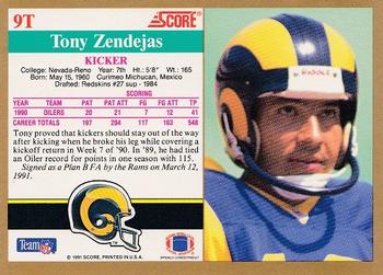 1991 Score Supplemental #9T Tony Zendejas Back