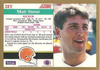 1991 Score Supplemental #28T Matt Stover Back