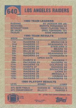 1991 Topps #640 Raiders Team Leaders/Results Back