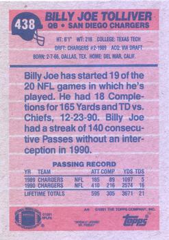 1991 Topps #438 Billy Joe Tolliver Back