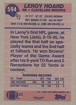 1991 Topps #594 Leroy Hoard Back