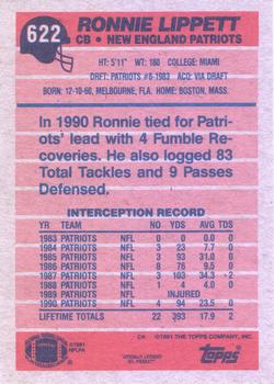 1991 Topps #622 Ronnie Lippett Back