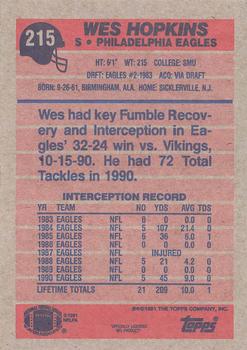 1991 Topps #215 Wes Hopkins Back
