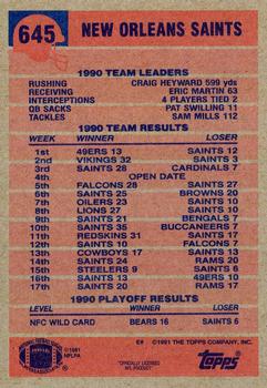 1991 Topps #645 Saints Team Leaders/Results Back