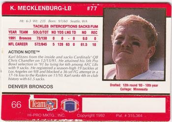 1992 Action Packed #66 Karl Mecklenburg Back