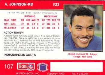 1992 Action Packed #107 Anthony Johnson Back