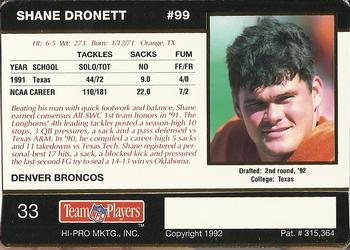 1992 Action Packed Rookie/Update #33 Shane Dronett Back