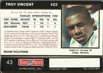1992 Action Packed Rookie/Update #43 Troy Vincent Back