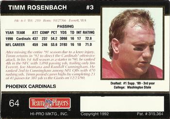 1992 Action Packed Rookie/Update #64 Timm Rosenbach Back