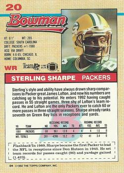 1992 Bowman #20 Sterling Sharpe Back