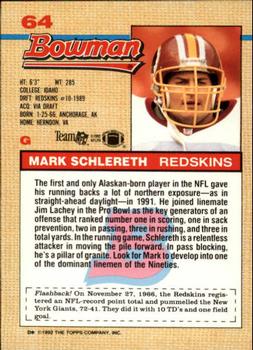 1992 Bowman #64 Mark Schlereth Back