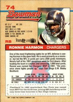 1992 Bowman #74 Ronnie Harmon Back