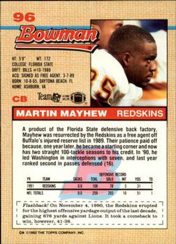 1992 Bowman #96 Martin Mayhew Back