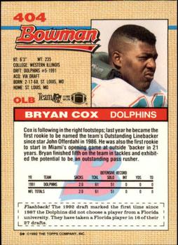 1992 Bowman #404 Bryan Cox Back