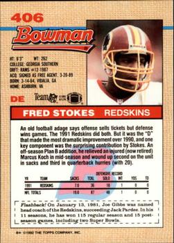 1992 Bowman #406 Fred Stokes Back