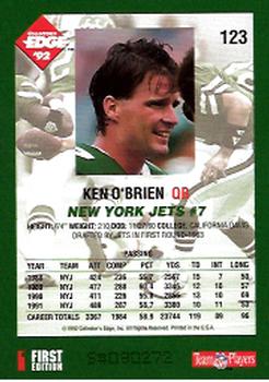 1992 Collector's Edge #123 Ken O'Brien Back