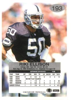 1992 Fleer #193 Riki Ellison Back
