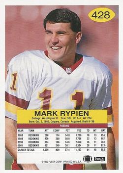 1992 Fleer #428 Mark Rypien Back