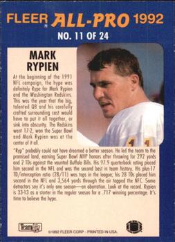1992 Fleer - Fleer All-Pro 1992 #11 Mark Rypien Back
