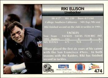 1992 Pacific #474 Riki Ellison Back