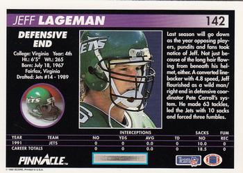 1992 Pinnacle #142 Jeff Lageman Back