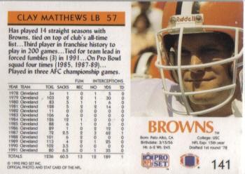 1992 Pro Set #141 Clay Matthews Back