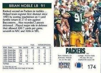 1992 Pro Set #174 Brian Noble Back