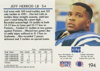 1992 Pro Set #194 Jeff Herrod Back
